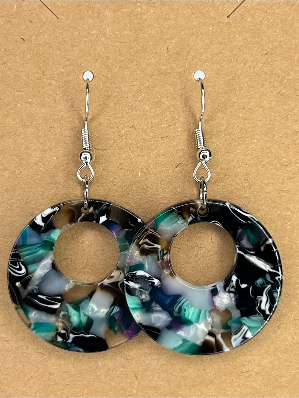 Resin Hoop Drop Earrings in Black, Purple & Teal Fashion Jewelry